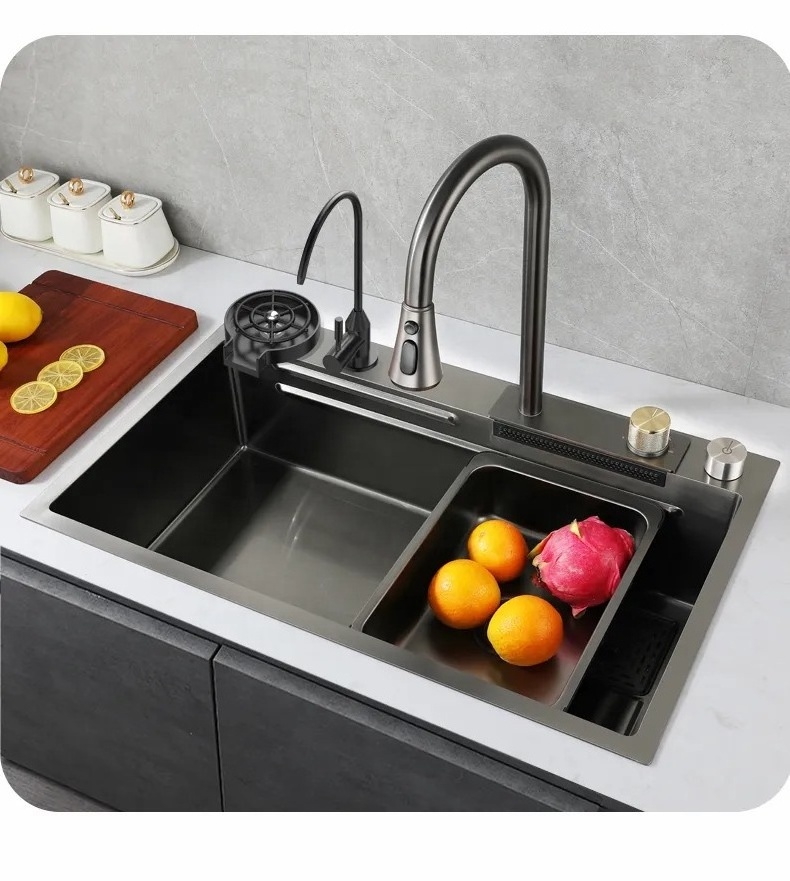 Voriva Multifunction kitchen sink 304 stainless steel kitchen sink faucet modern waterfall rainfall single bowl kitchen sink set