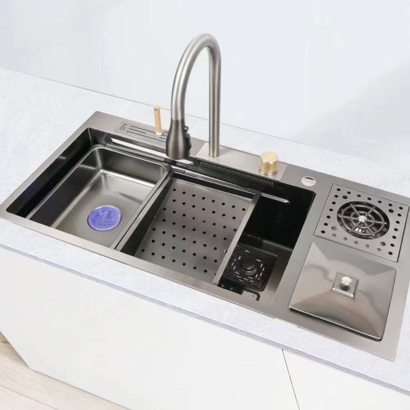 Voriva luxury Waterfall Kitchen Sink stainless steel china farmhouse sink Big Single Bowl with Dish Rack Under Mount Sinks