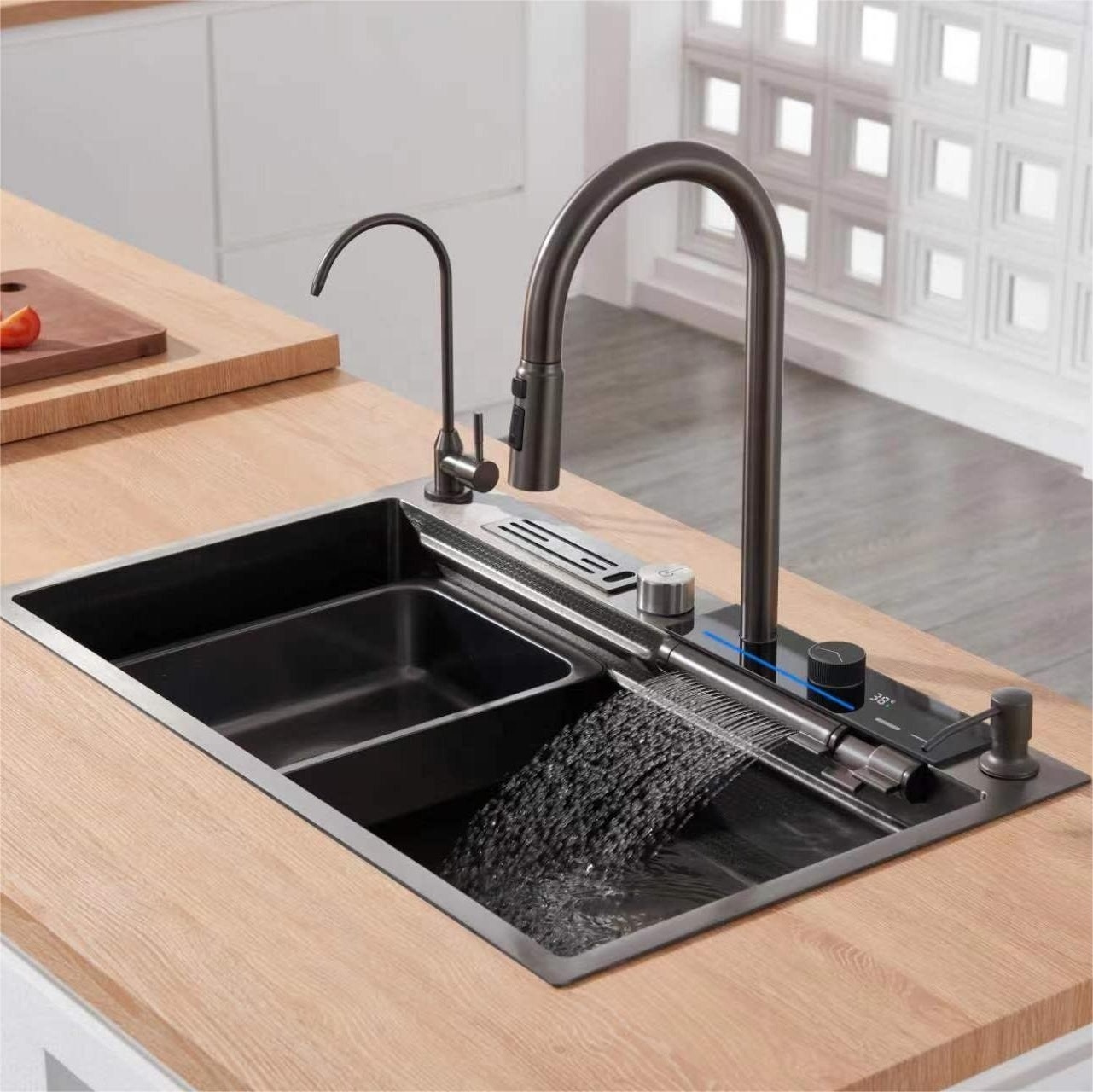 2023New design kitchen sinks multifunction black waterfall rainfall single bowl kitchen sink stainless steel kitchen sink set