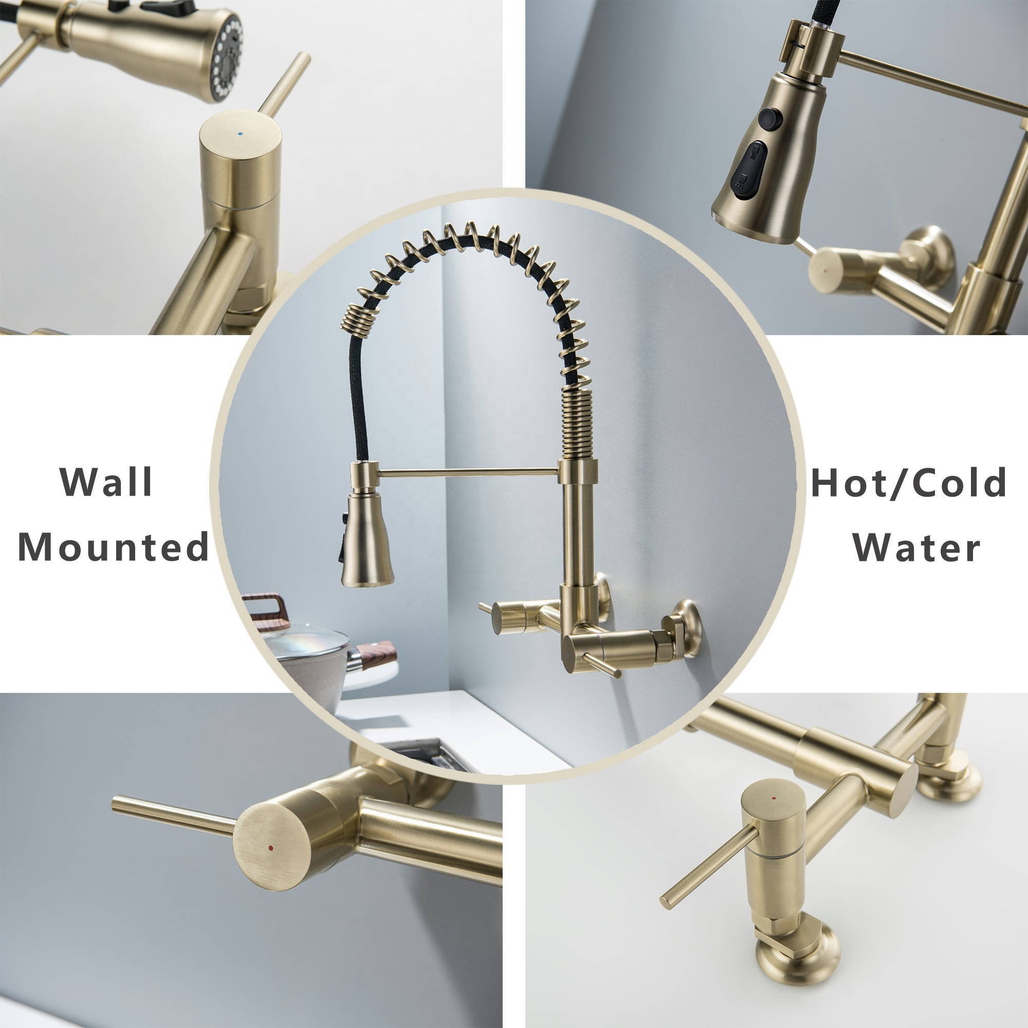 Modern Hot and Cold Wall mounted Water Tap Stainless Steel Brushed Gold pull down single lever Kitchen Faucet sink water tap