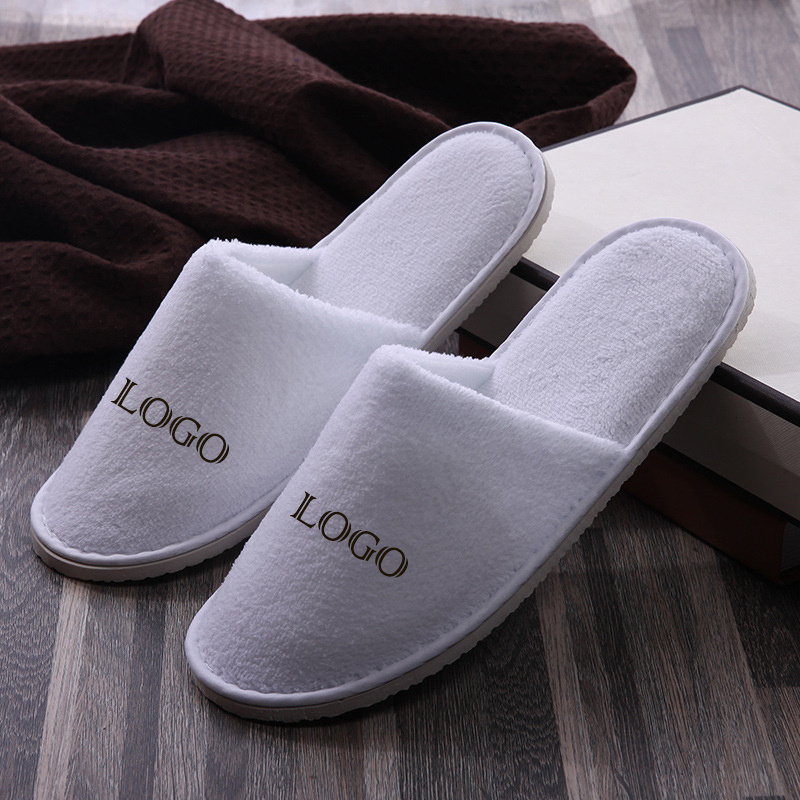 Custom Hotel Amenities Simple Design Home Luxury Cotton Velour Open Close Toe Disposable Spa Hotel Room Slippers with Logo