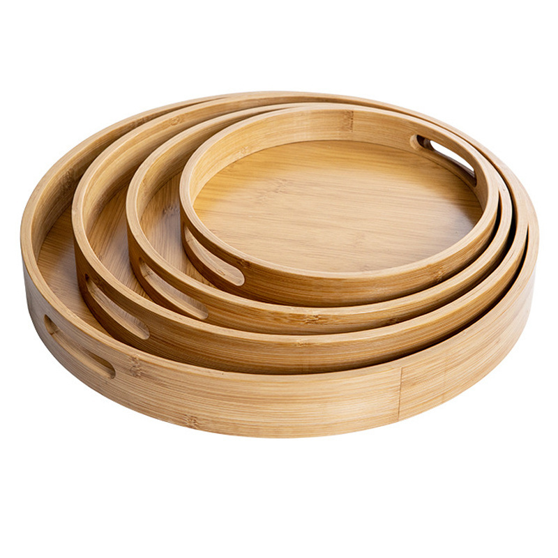 High quality china custom round wood crafts food serving tray wooden floating bamboo service rolling tray with handles for tea