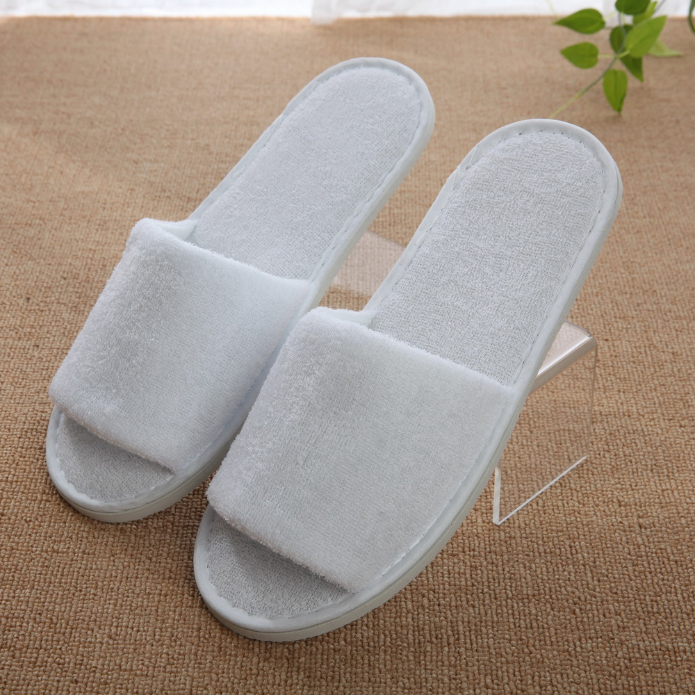 Custom Hotel Amenities Simple Design Home Luxury Cotton Velour Open Close Toe Disposable Spa Hotel Room Slippers with Logo