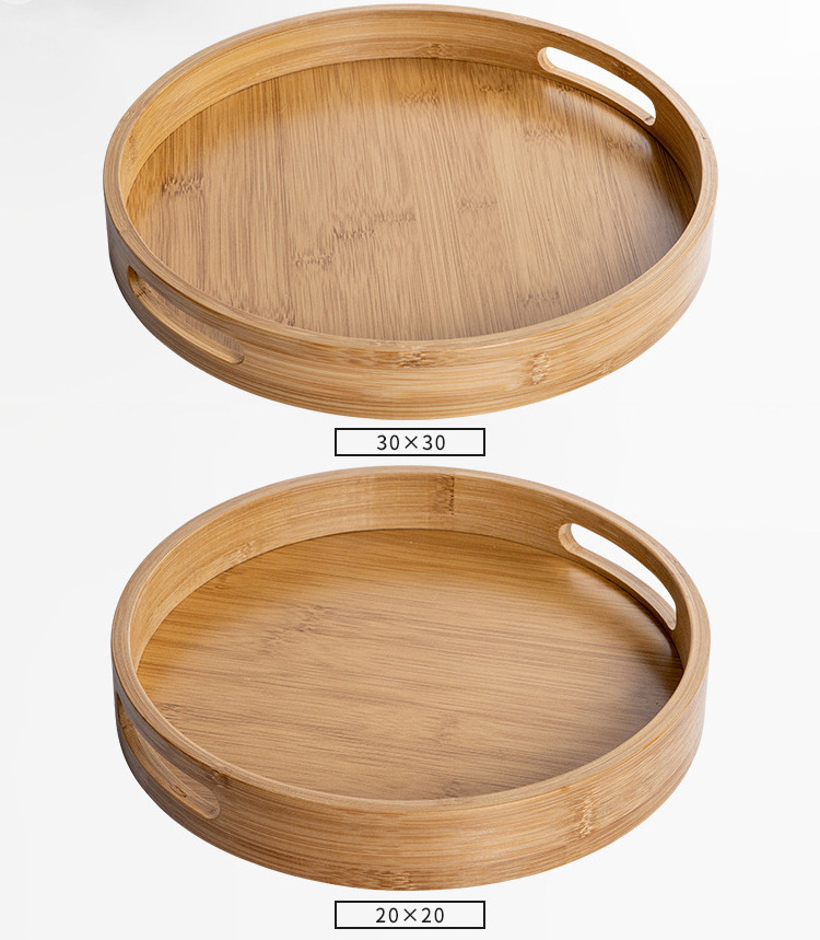 High quality china custom round wood crafts food serving tray wooden floating bamboo service rolling tray with handles for tea