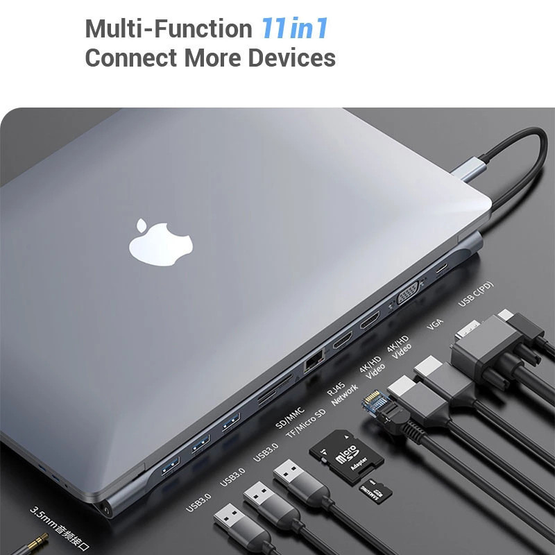 11-Port USB 3.0 Hub Ultra-Slim Data USB Hub with HDMI RJ45 SD TF VGA 3.5MM Jack PD Fast Charging USB C Hub