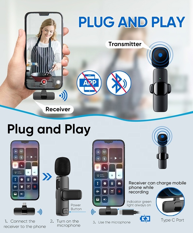 Professional Video Recording Mini Mic Wireless Lavalier Lapel Microphone for YouTube Interview Livestream