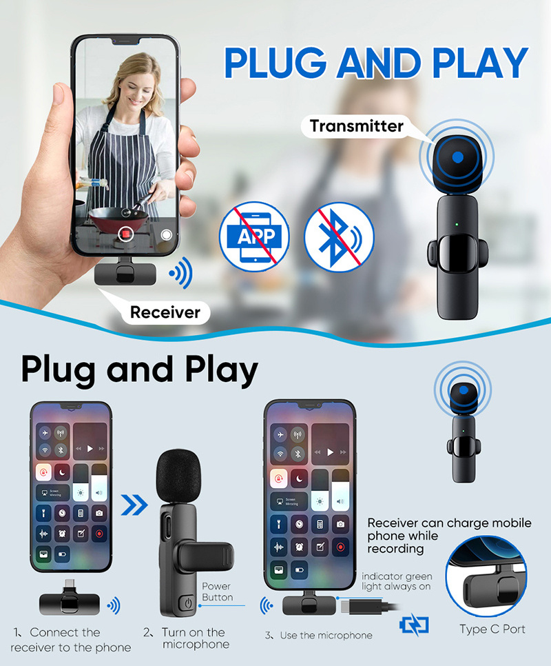 Professional Wireless Lavalier Lapel Microphone for iPhone iPad Cordless Recording Mic for Interview Video Podcast Vlog