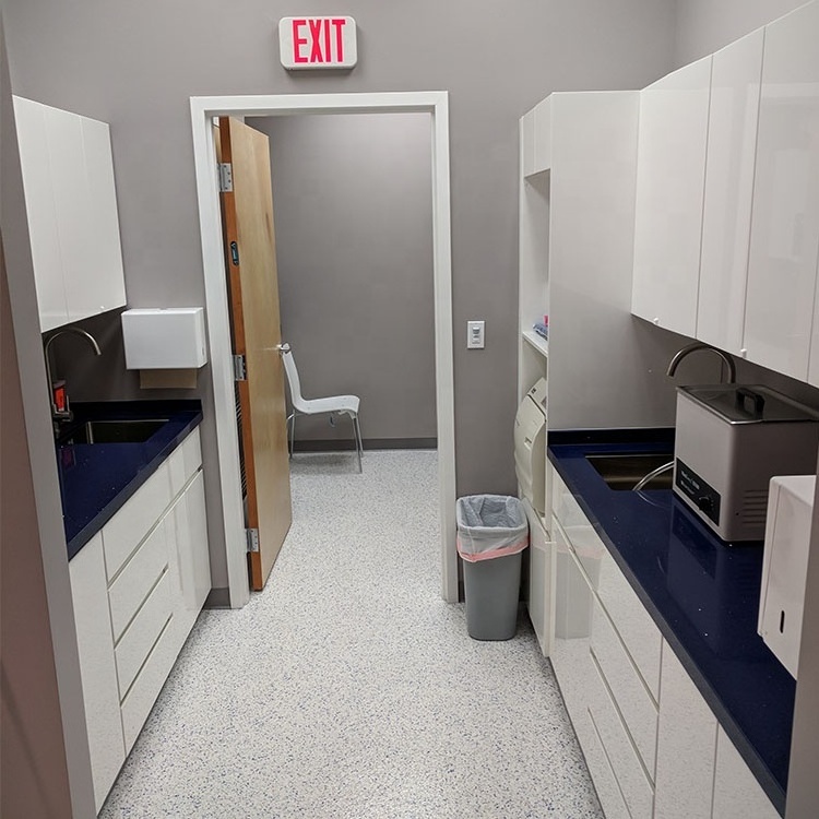 American Dental Clinic Project White Lacquer Cabinets Storage Cabinet Reception Desk With Blue Quartz Stone Countertop