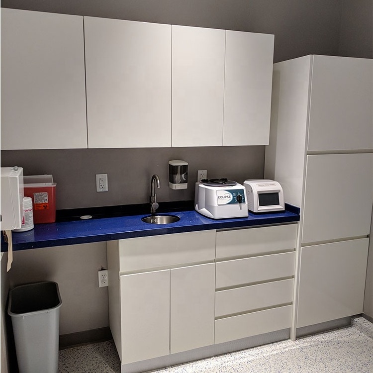 American Dental Clinic Project White Lacquer Cabinets Storage Cabinet Reception Desk With Blue Quartz Stone Countertop