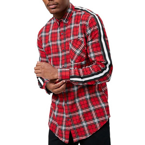 OEM sevices custom men long sleeve plaid check shirt high quality casual side stripe flannel plaid shirts men