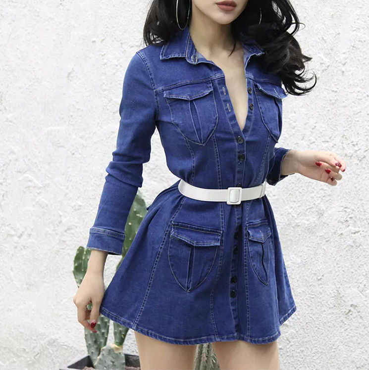 Custom Autumn Lady Sexy Denim Dress Women Slim Fit Hot A-Line Jean Button Up Shirt Dress