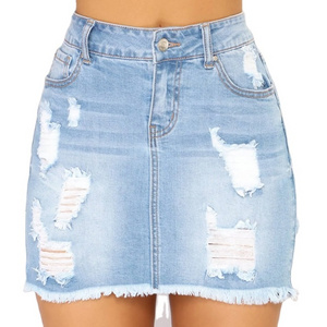 Sexy blue wash custom Summer women distressed ripped mini casual stretchy denim skirts