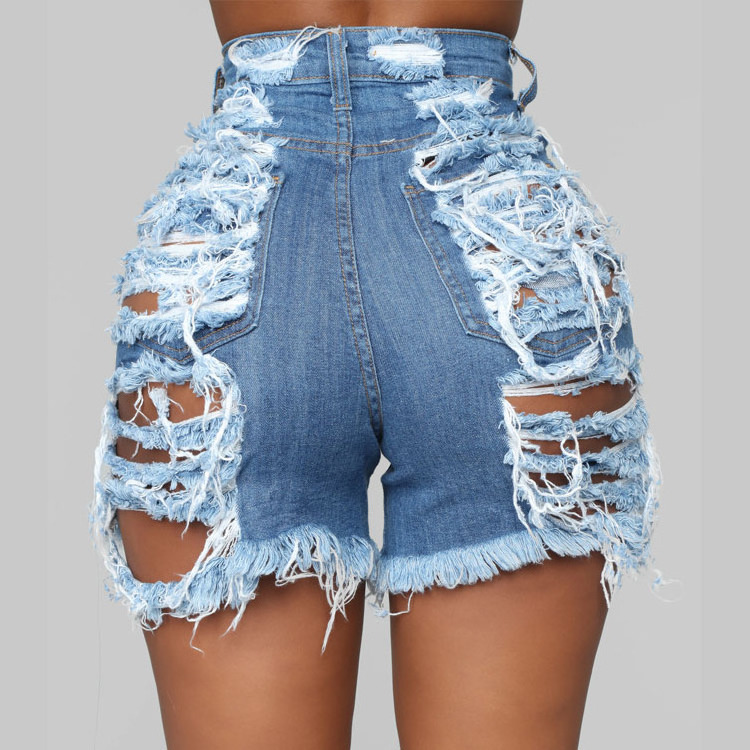 Sexy wholesale customized blue wash high waist denim shorts with raw hem distressed ripped jean shorts women denim