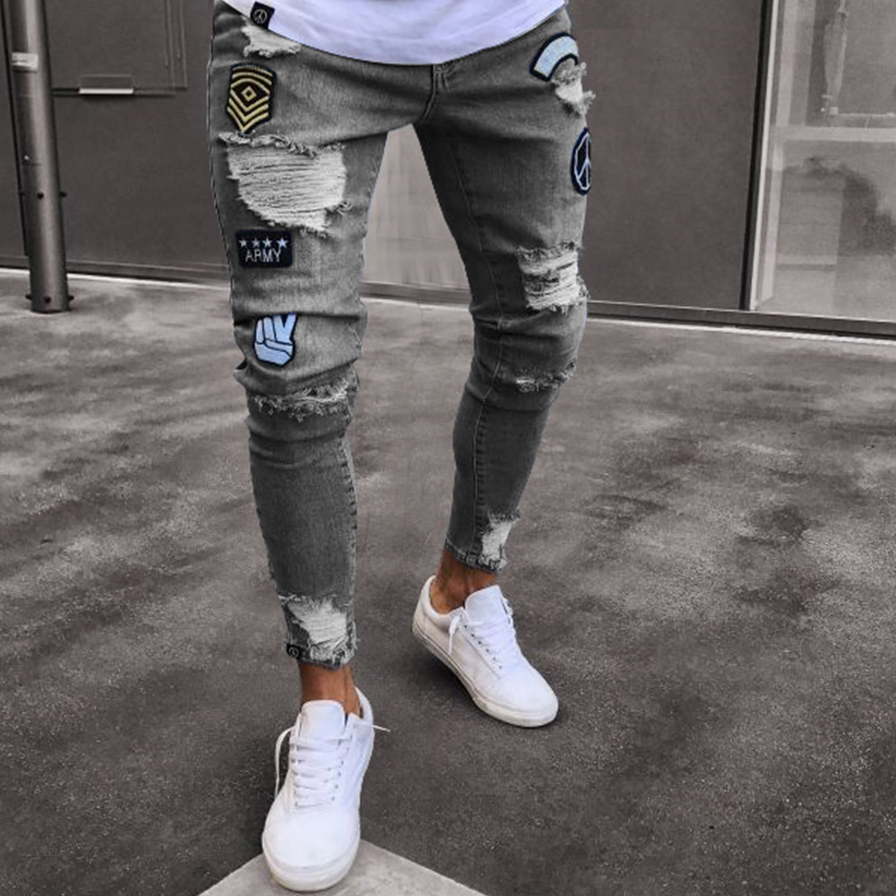 2019 Latest design in stock extreme super skinny jeans in mid wash ripped and embroidered men's denim jeans trousers