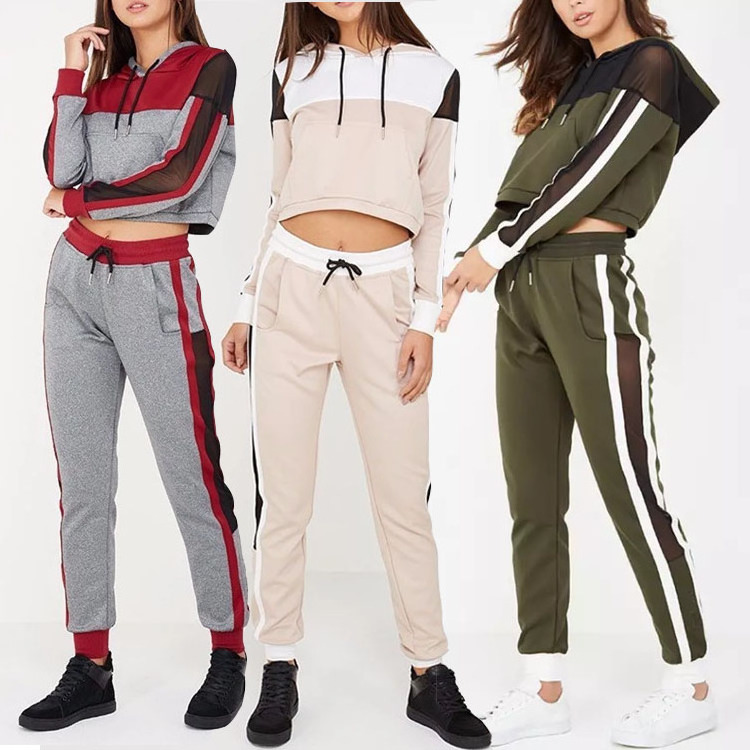 Designer women tracksuits custom made sport jersey new model punjabi sexy wholesale jogging sweat suits with stripe mesh panel