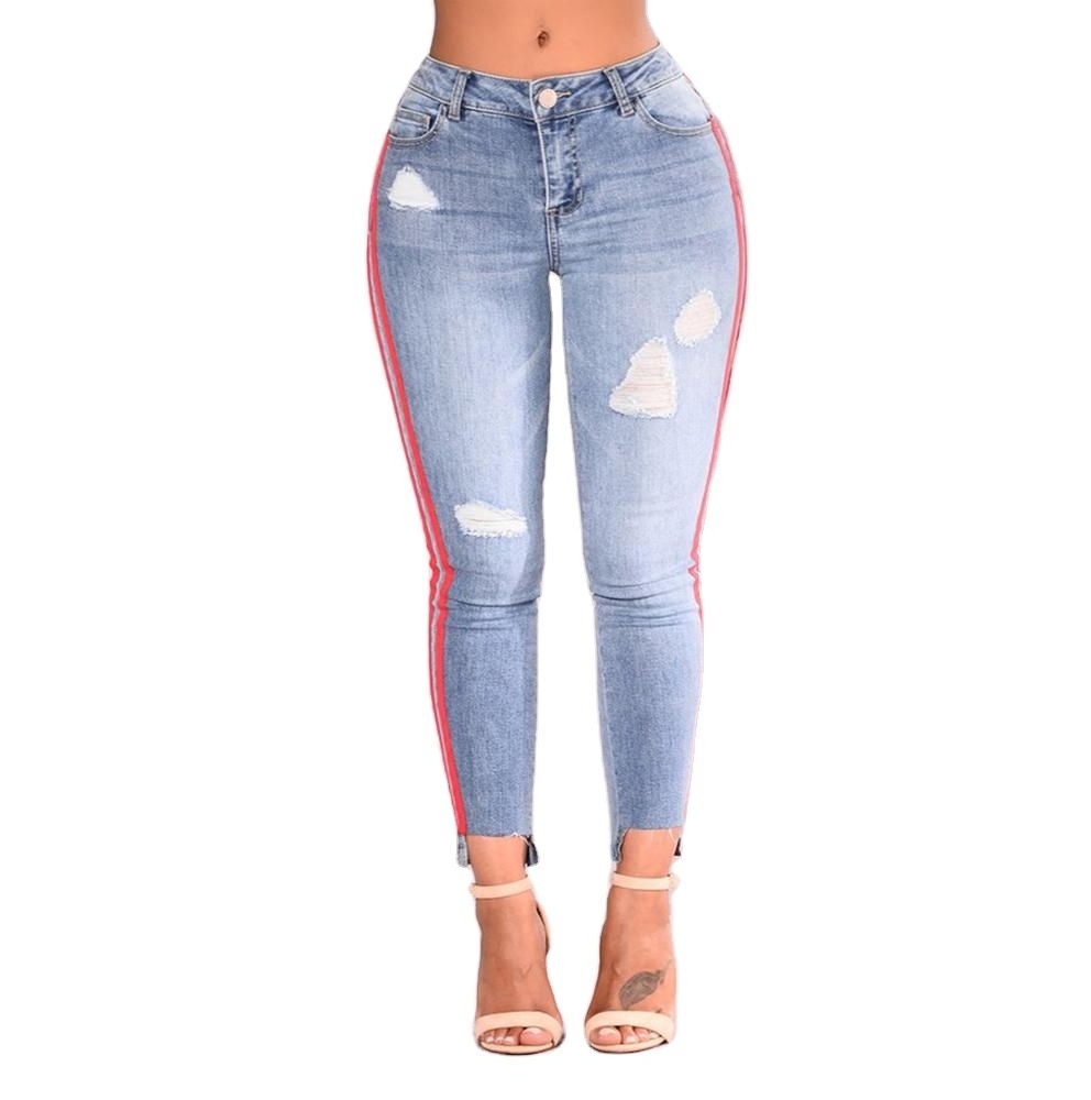 Custom high street Jeans Women High Waist Skinny Pencil Denim Pants Double Striped ripped hole Elastic Stretch Jeans women