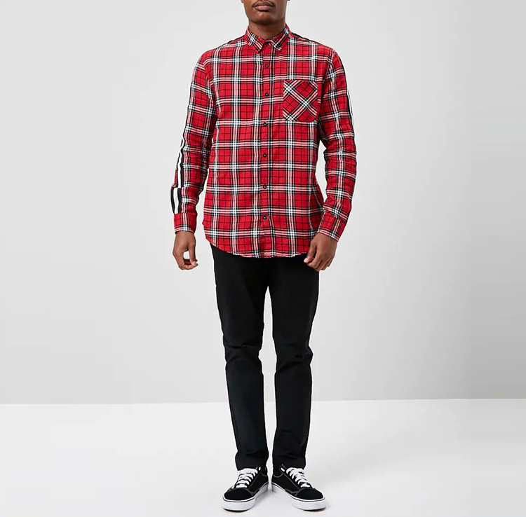 OEM sevices custom men long sleeve plaid check shirt high quality casual side stripe flannel plaid shirts men