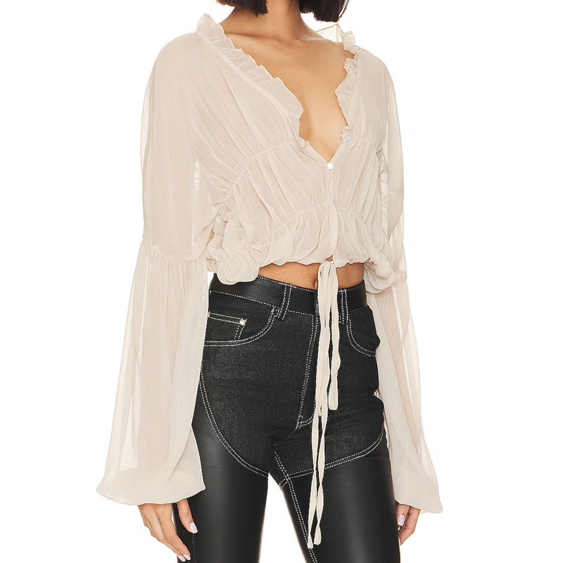 Summer Fashion Designer Customized Long Sleeves Drawstring Hem Ruffled Neck Women's Chiffon Crop Tops