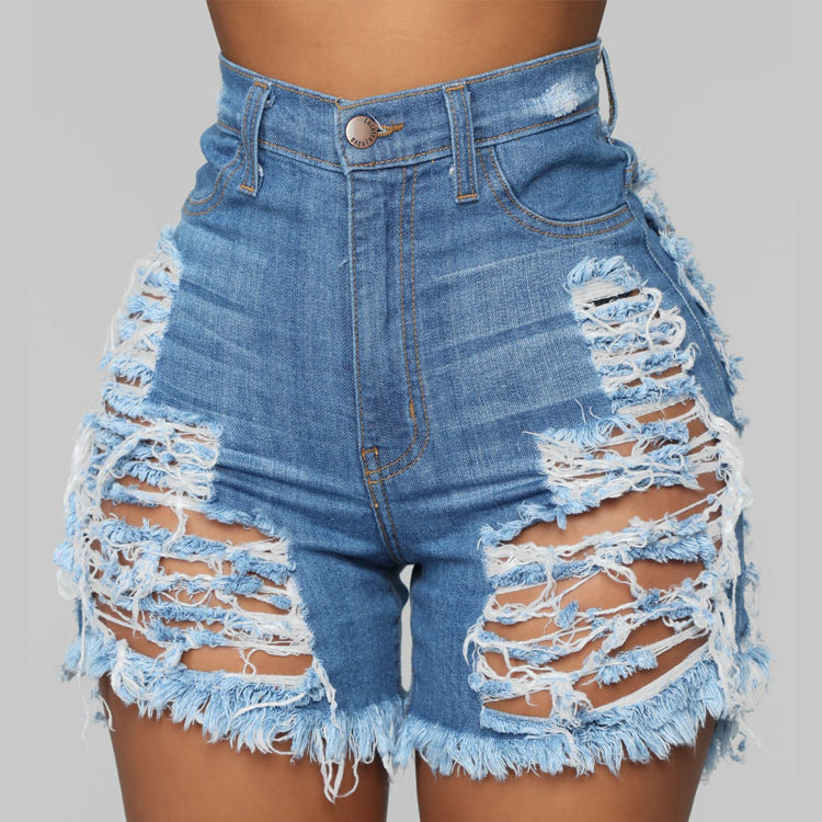 Sexy wholesale customized blue wash high waist denim shorts with raw hem distressed ripped jean shorts women denim