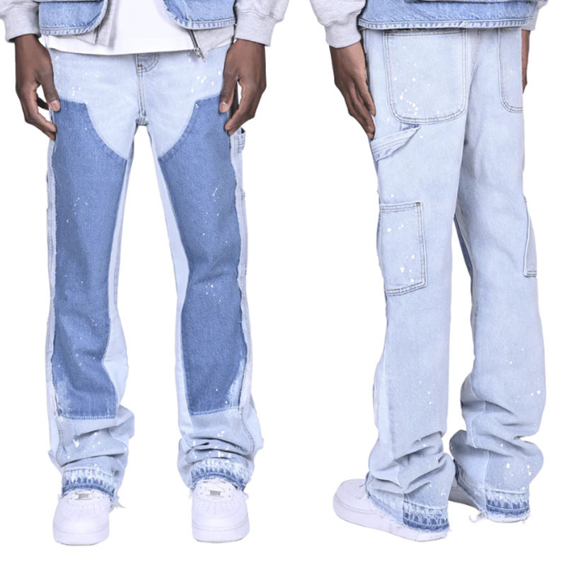 Popular brand jeans customize paint splatter washed carpenter pants stacked flared jeans men