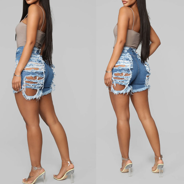 Sexy wholesale customized blue wash high waist denim shorts with raw hem distressed ripped jean shorts women denim