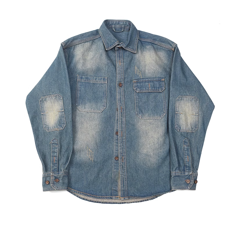 Stylish vintage distressed washed denim men's shirt Elbow patch loose denim shirt