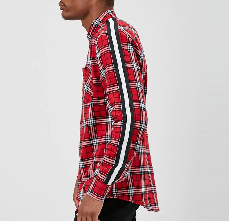 OEM sevices custom men long sleeve plaid check shirt high quality casual side stripe flannel plaid shirts men