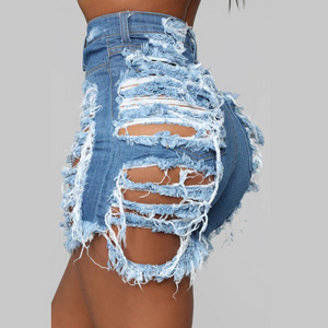 Sexy wholesale customized blue wash high waist denim shorts with raw hem distressed ripped jean shorts women denim