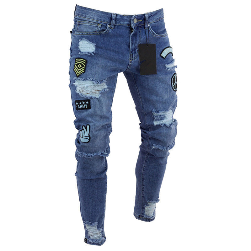 2019 Latest design in stock extreme super skinny jeans in mid wash ripped and embroidered men's denim jeans trousers