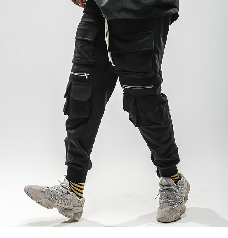 2020 Men Hip Hop Streetwear Workout Fitness Multi Pockets Zipper Cargo SweetPant Tapered Slim Fit Gym Sports Cotton Joggers