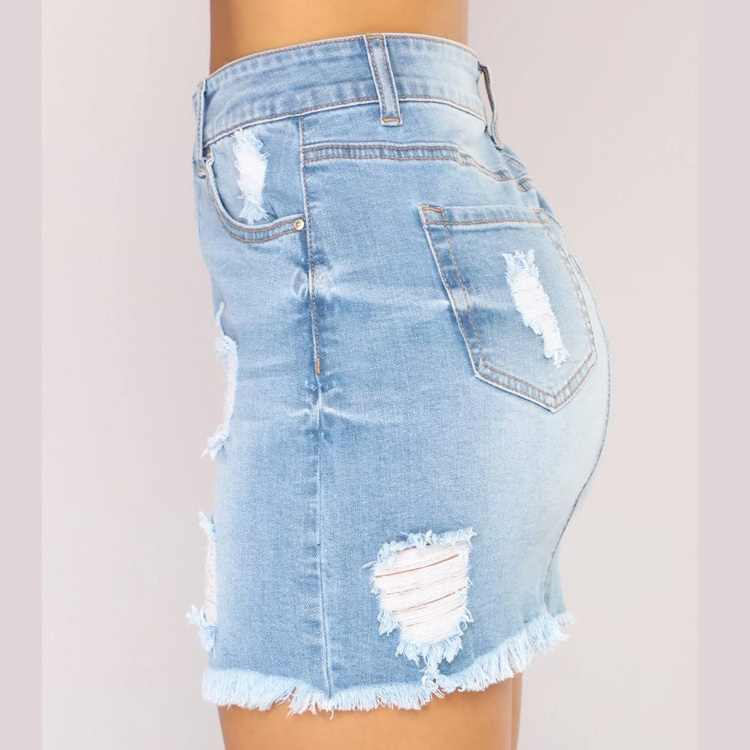 Sexy blue wash custom Summer women distressed ripped mini casual stretchy denim skirts