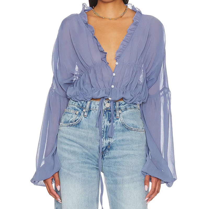 Summer Fashion Designer Customized Long Sleeves Drawstring Hem Ruffled Neck Women's Chiffon Crop Tops