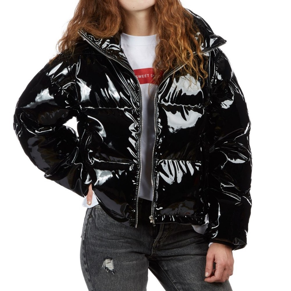 Black high shine vinyl puffer coat woman jacket quilted jacket cool padded winter wear women coats down jackets BestSuppliers