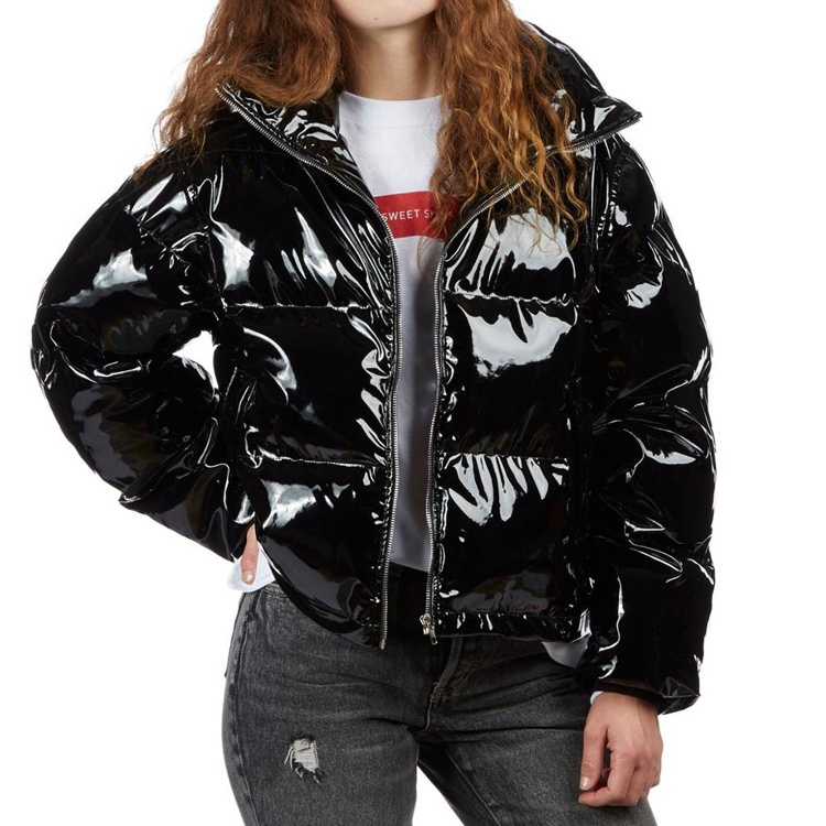 Black high shine vinyl puffer coat woman jacket quilted jacket cool padded winter wear women coats down jackets