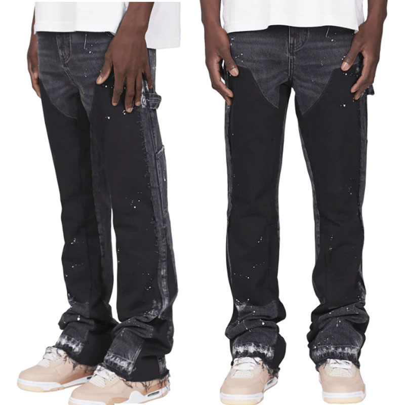 Popular brand jeans customize paint splatter washed carpenter pants stacked flared jeans men