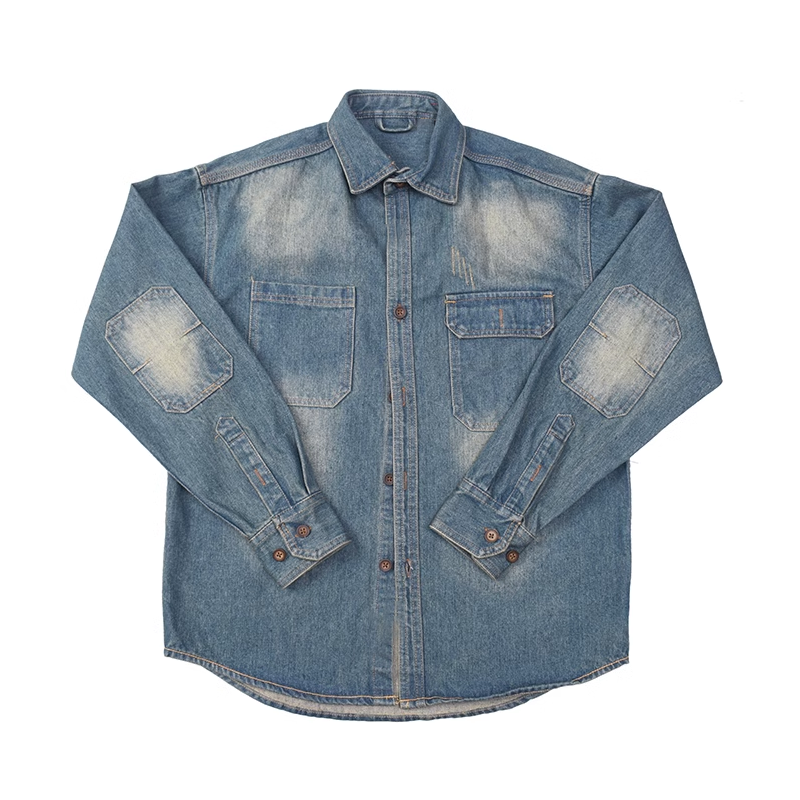 Stylish vintage distressed washed denim men's shirt Elbow patch loose denim shirt