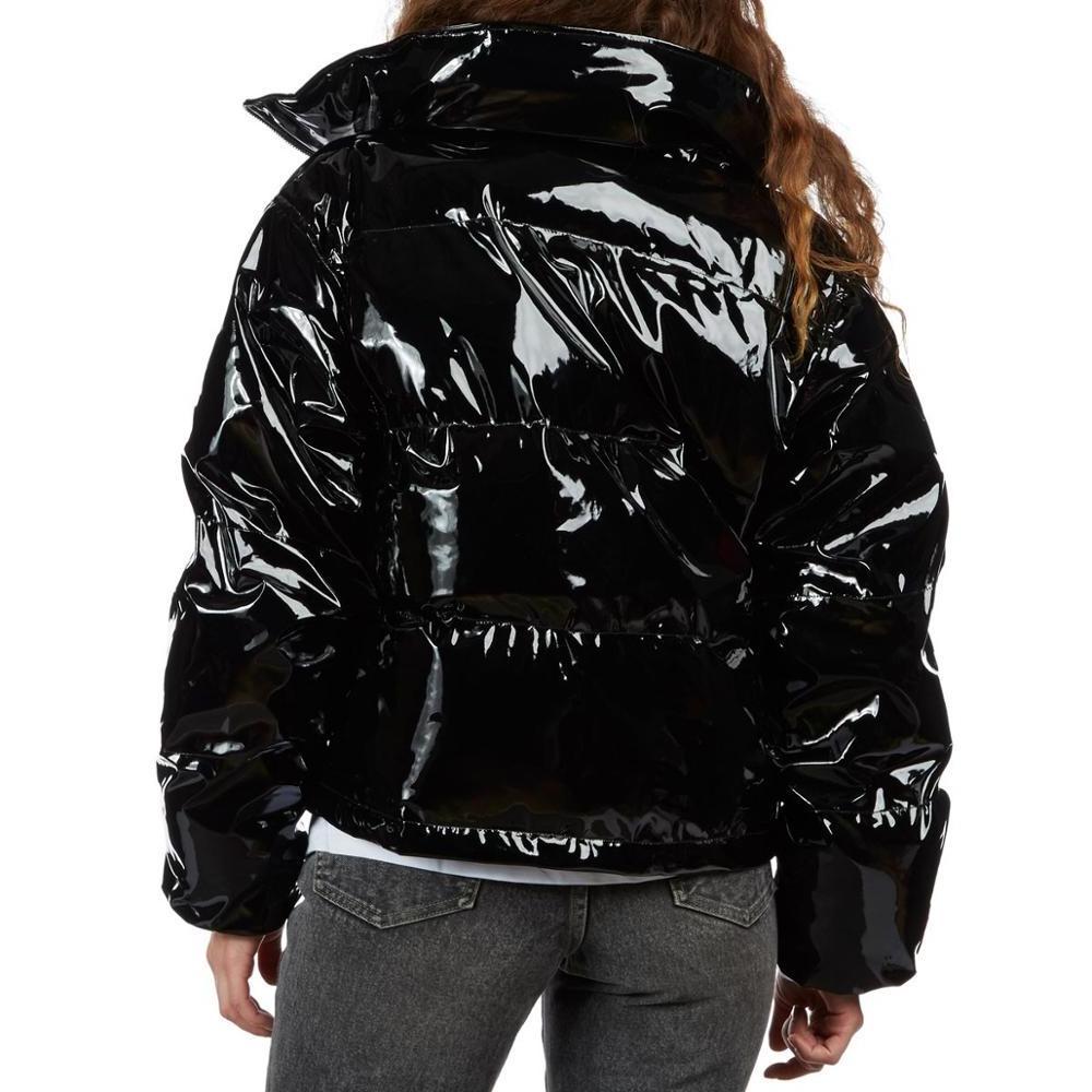 Black high shine vinyl puffer coat woman jacket quilted jacket cool padded winter wear women coats down jackets