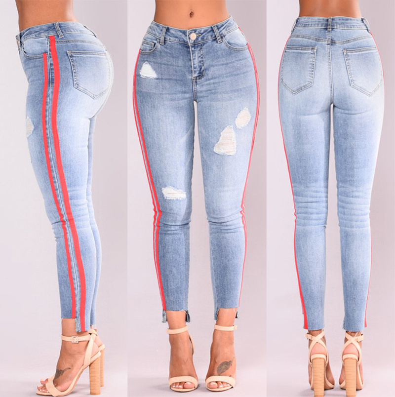 Custom high street Jeans Women High Waist Skinny Pencil Denim Pants Double Striped ripped hole Elastic Stretch Jeans women