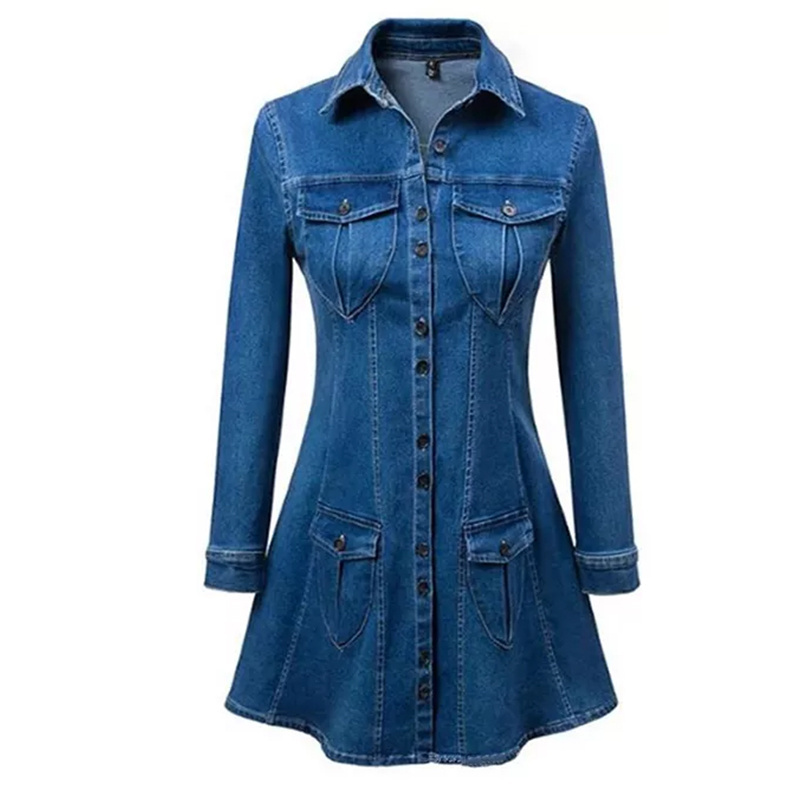 Custom Autumn Lady Sexy Denim Dress Women Slim Fit Hot A-Line Jean Button Up Shirt Dress