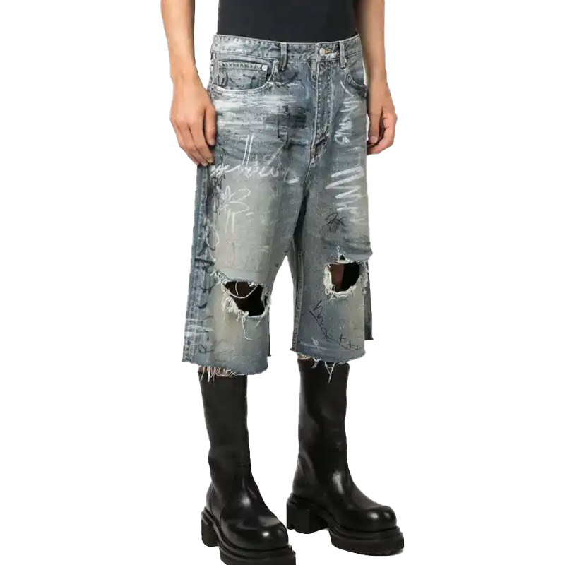 New Arrivals Wholesale Baggy Jean Custom Design Jorts Hip-hop Embroidered Ripped Vintage Heavy Craft Denim Baggy Jean Shorts Men