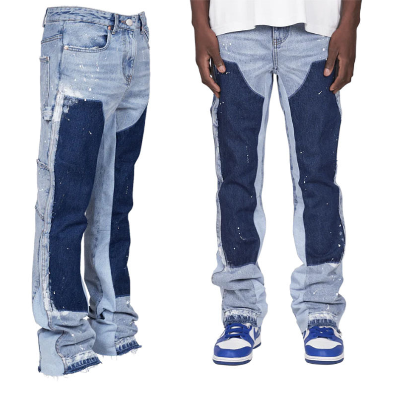 Popular brand jeans customize paint splatter washed carpenter pants stacked flared jeans men