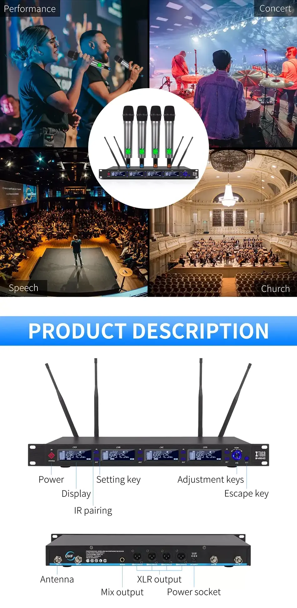 Voxfull UWM-4210 Professional UHF 4 Channel Wireless Microphone System Multifunctional Wireless Microphone System