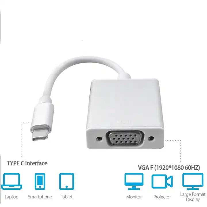 Type C Hub to Female VGA Adapter Cable USB-C Video Audio Data Transmission Converter 2024 New Products for Laptop PC Smart Phone