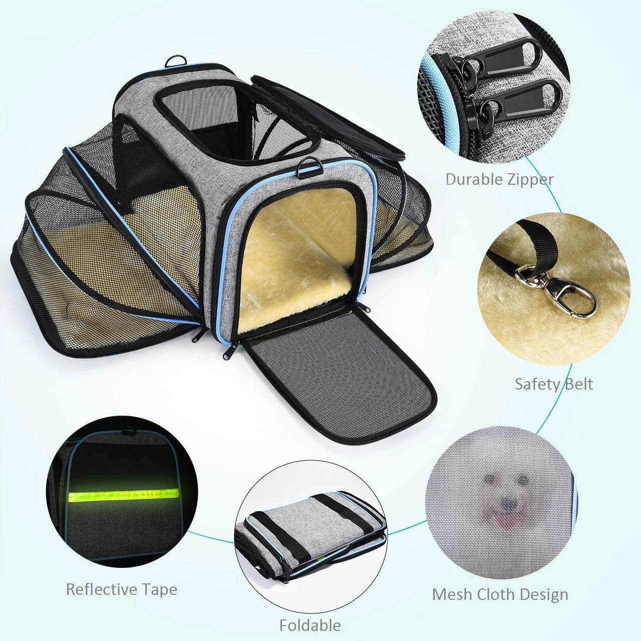 Cat Pet Airline Approved Expandable Foldable Soft Dog Carrier 5 Open Doors Reflective Tapes Cat Travel Bag