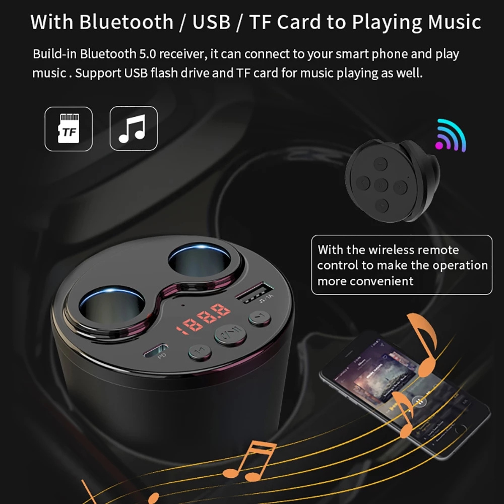 Car FM Transmitter BT MP3 Player Cup Style Wireless Handsfree Car Kit Dual Cigarette Lighter Socket with Remote control