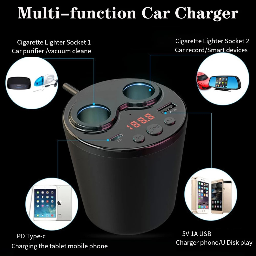 Car FM Transmitter BT MP3 Player Cup Style Wireless Handsfree Car Kit Dual Cigarette Lighter Socket with Remote control