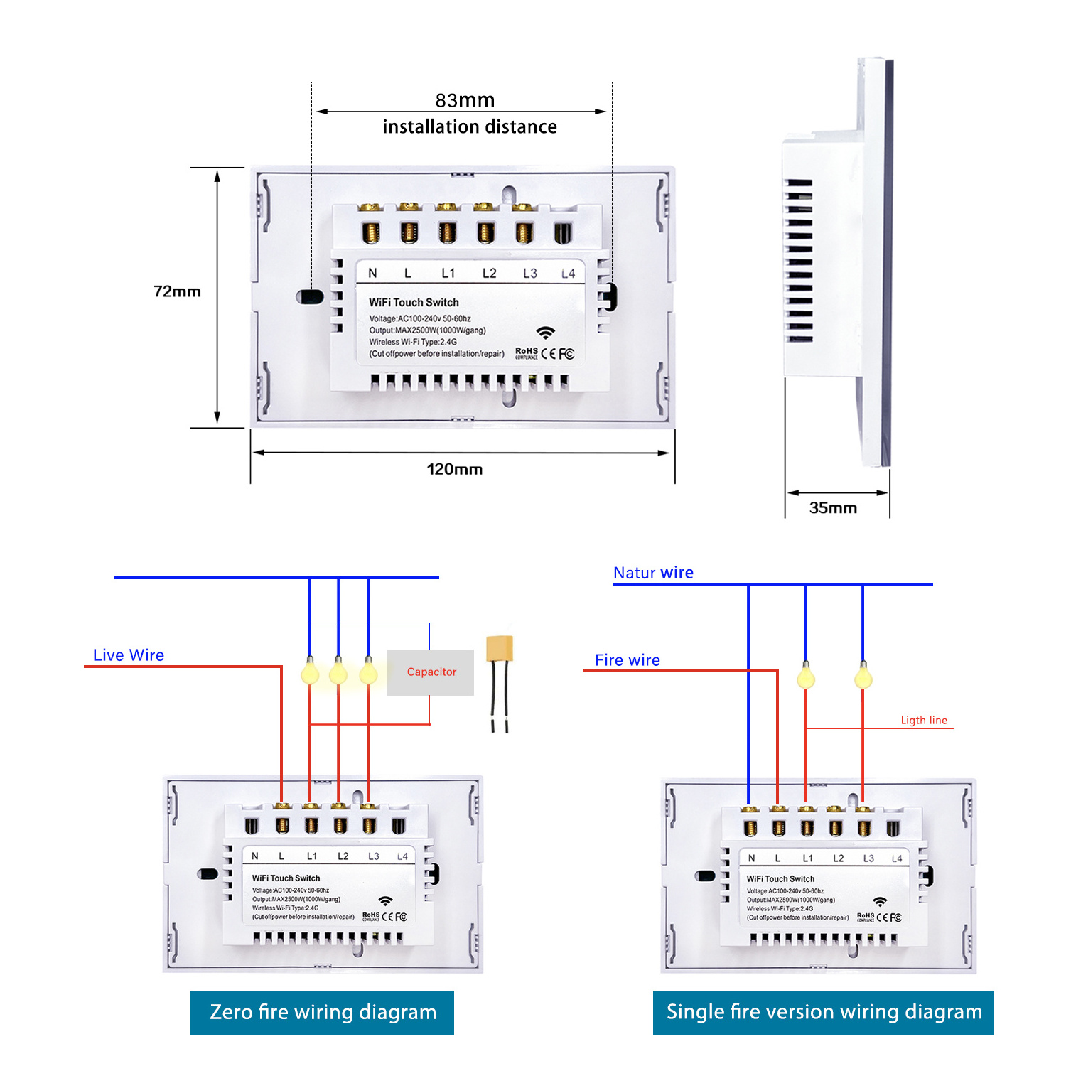 US standard intelligent Switch Smart touch switch supports Alexa WIFI Wall Touch Switch EWelink APP No neutral line or neutral