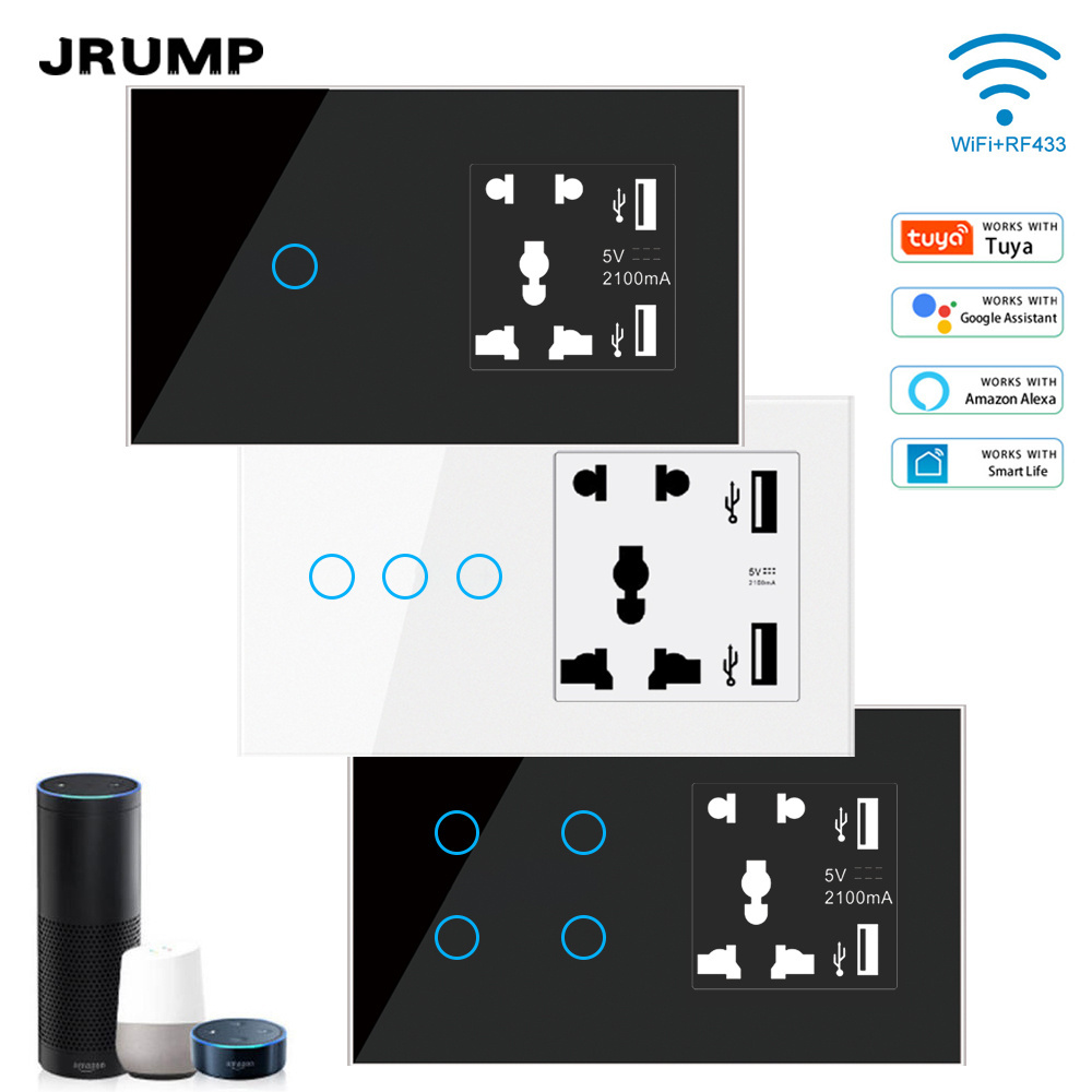 Tuya Smart Life WiFi Smart Touch Light Switch 3 Gang Voice Control Alexa Google Home US Standard WiFi Smart Power Wall Socket