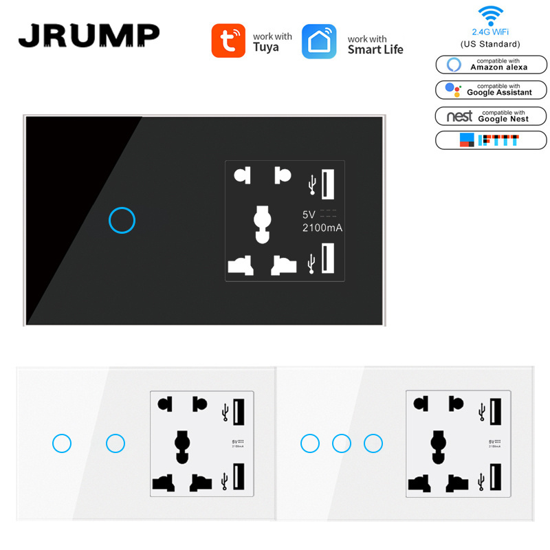 Tuya Smart Life WiFi Smart Touch Light Switch 3 Gang Voice Control Alexa Google Home US Standard WiFi Smart Power Wall Socket