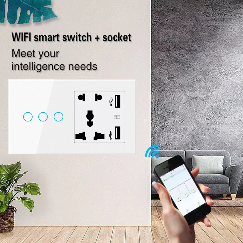 Tuya Smart Life WiFi Smart Touch Light Switch 3 Gang Voice Control Alexa Google Home US Standard WiFi Smart Power Wall Socket